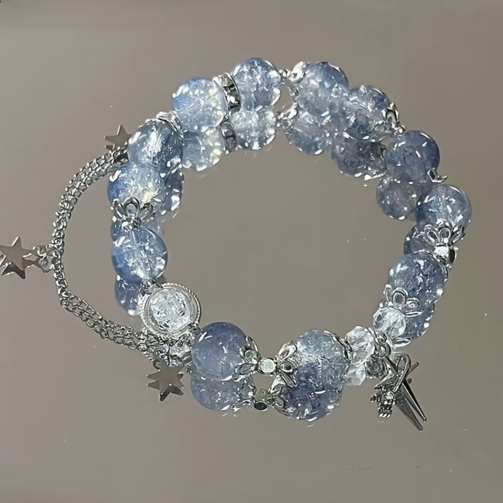 Press On Nails 96 Pieces 4 Packs + 4 Bracelets - Long Ballerina Fake Nails Blue Gradient 3D Flower Butterfly Rhinestone | Glossy Sparkling Full Cover False Nails & Beads Bangle Set for Women Girls