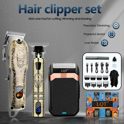Electric Hair Clipper Set for Men LQT USB Charging 2000mAh with Engraving Scissors Metal Digital Display - 2 or 3 Piece Barber Kit for Home & Salon Bronze Gift