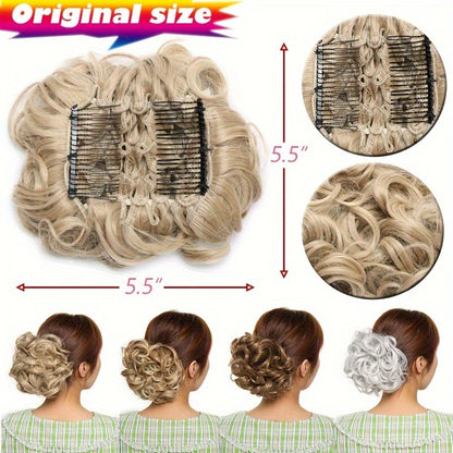 Clip In Hair Bun Extension Messy Bun Chignon Hairpiece Synthetic Curly Updo with Comb Scrunchie for Women Wedding Party Office Daily Wear Rose Bud Style