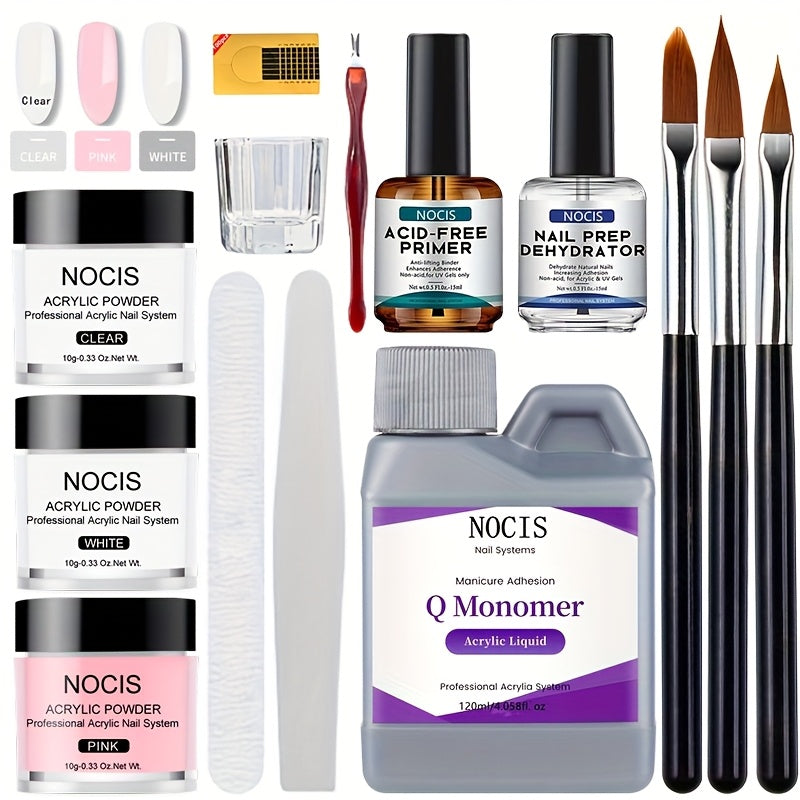NOCIS 10G Acrylic Powder Collection, Expert Nail Art Package Including Monomer Liquid, Nail Brush, Forms, Dappen Dish, Odorless, Gift Package for Salon-Standard Manicures