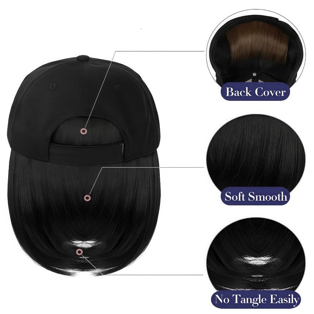 Hat Wig for Women Baseball Cap with Attached Hair Short Bob 12 Inch 2-in-1 Glueless Synthetic Straight Adjustable Breathable Cap Heat Resistant Natural Look Easy Wear