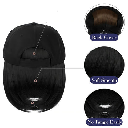 Hat Wig for Women Baseball Cap with Attached Hair Short Bob 12 Inch 2-in-1 Glueless Synthetic Straight Adjustable Breathable Cap Heat Resistant Natural Look Easy Wear
