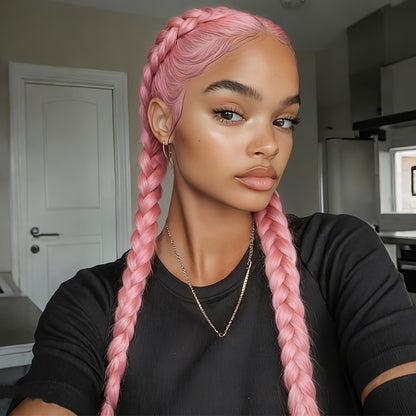 Braided Lace Front Wig 13x4 for Women — 26 Inch 250% Density Synthetic Braid Wig with Baby Hair, Rainbow Colors Blue Pink Yellow 613 Black, Heat Resistant for Party Cosplay