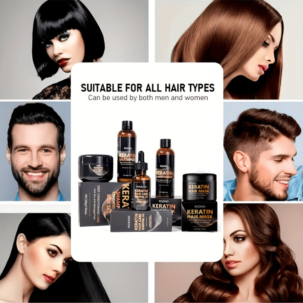 Keratin Hair Care Set 5pcs – Shampoo, Conditioner, Hair Mask & Essential Oil | Cleanses, Strengthens, Repairs Split Ends & Volumizes | Squalane & Glycerin Formula, Unisex