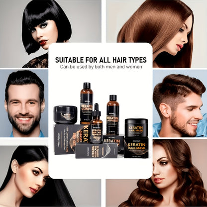 Keratin Hair Care Set 5pcs – Shampoo, Conditioner, Hair Mask & Essential Oil | Cleanses, Strengthens, Repairs Split Ends & Volumizes | Squalane & Glycerin Formula, Unisex