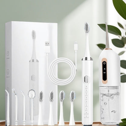 Electric Toothbrush & Water Flosser Set - 3 Modes USB Rechargeable Oral Care Kit with 4 Brush Heads & 4 Nozzles, 360° Rotating Flosser for Deep Clean