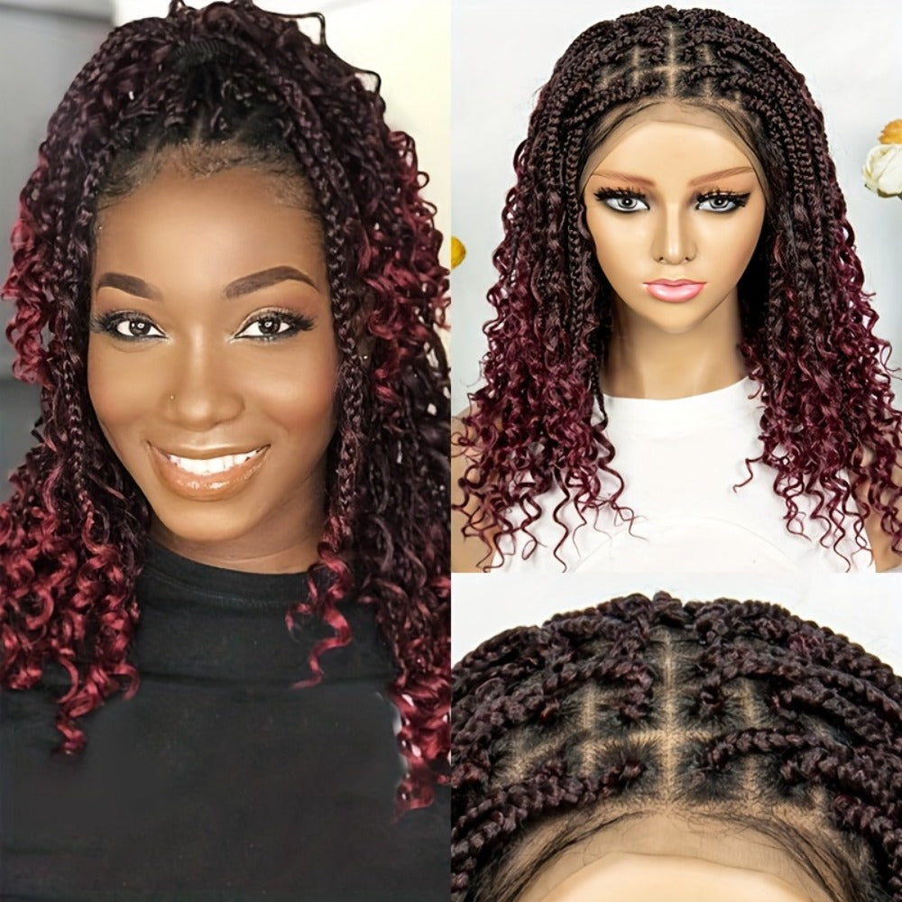 Goddess Braided Wig Knotless Bohemian Square Braid Full Lace Curly Wave Synthetic Wig Women 14-16 Inch Black Burgundy Brown Natural Hairline Protective Style