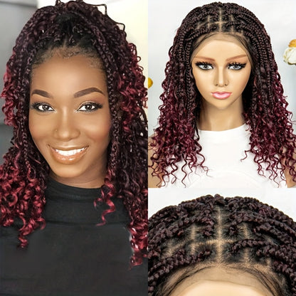 Goddess Braided Wig Knotless Bohemian Square Braid Full Lace Curly Wave Synthetic Wig Women 14-16 Inch Black Burgundy Brown Natural Hairline Protective Style