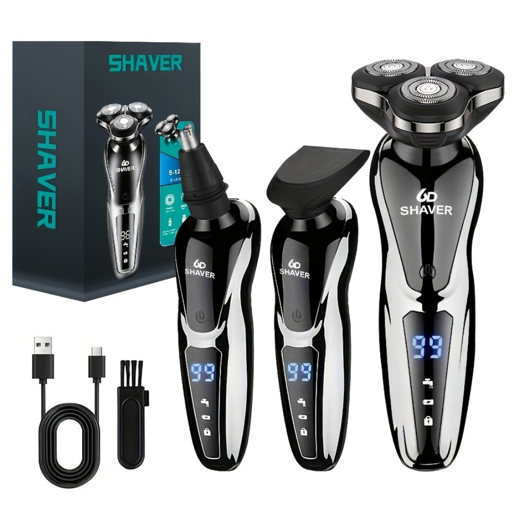 Men' 3-in-1 Electric Razor & Shaver - Portable Beard Trimmer with 3D Floating Blade, Digital Display Suitable for Nose Hair Trimmer, Ear Hair Shaver, Eyebrow Grooming Machine, - Shaving Device