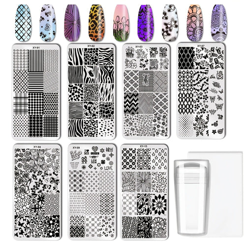 Nail Stamping Plate Set 9Pcs with 7 Mixed Design Stamp Plates Stamper & Scraper Kit for Nail Art Printing Manicure DIY Decoration Floral Geometric Abstract Patterns Stainless Steel Reusable