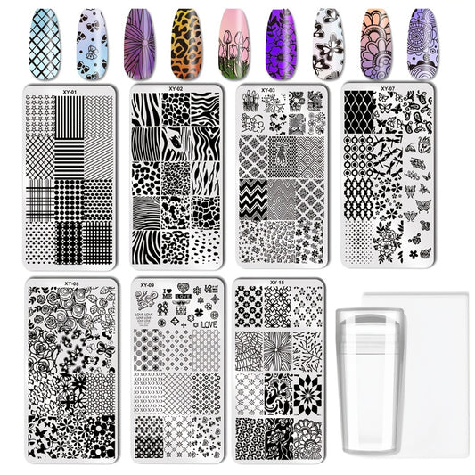 9pcs Nail Printing Board Set 7pcs Mixed Design Stamping Deck +1 Nail Press Die +1 Scraper Nail Art Press Board Scraper Press Die Set