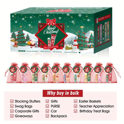 Bulk Gift Set 120 Pieces Lip Balm & Hand Cream with Red Velvet Bags & Holiday Cards — Moisturizing Party Favors for Colleagues, Employees & Friends