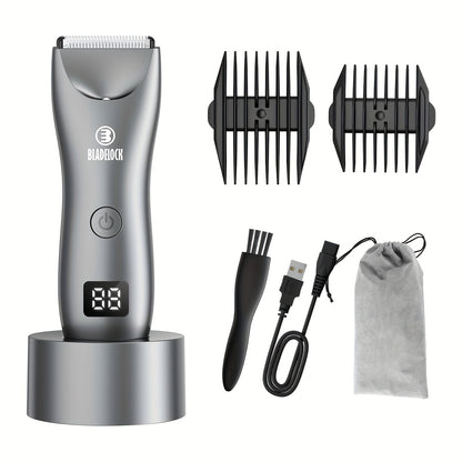 Groin Trimmer for Men IPX7 Waterproof Electric Ball Trimmer with Ceramic Blades LCD Battery Display Replaceable Blade Head - Body Hair Shaver Manscaping Groomer Black Grey