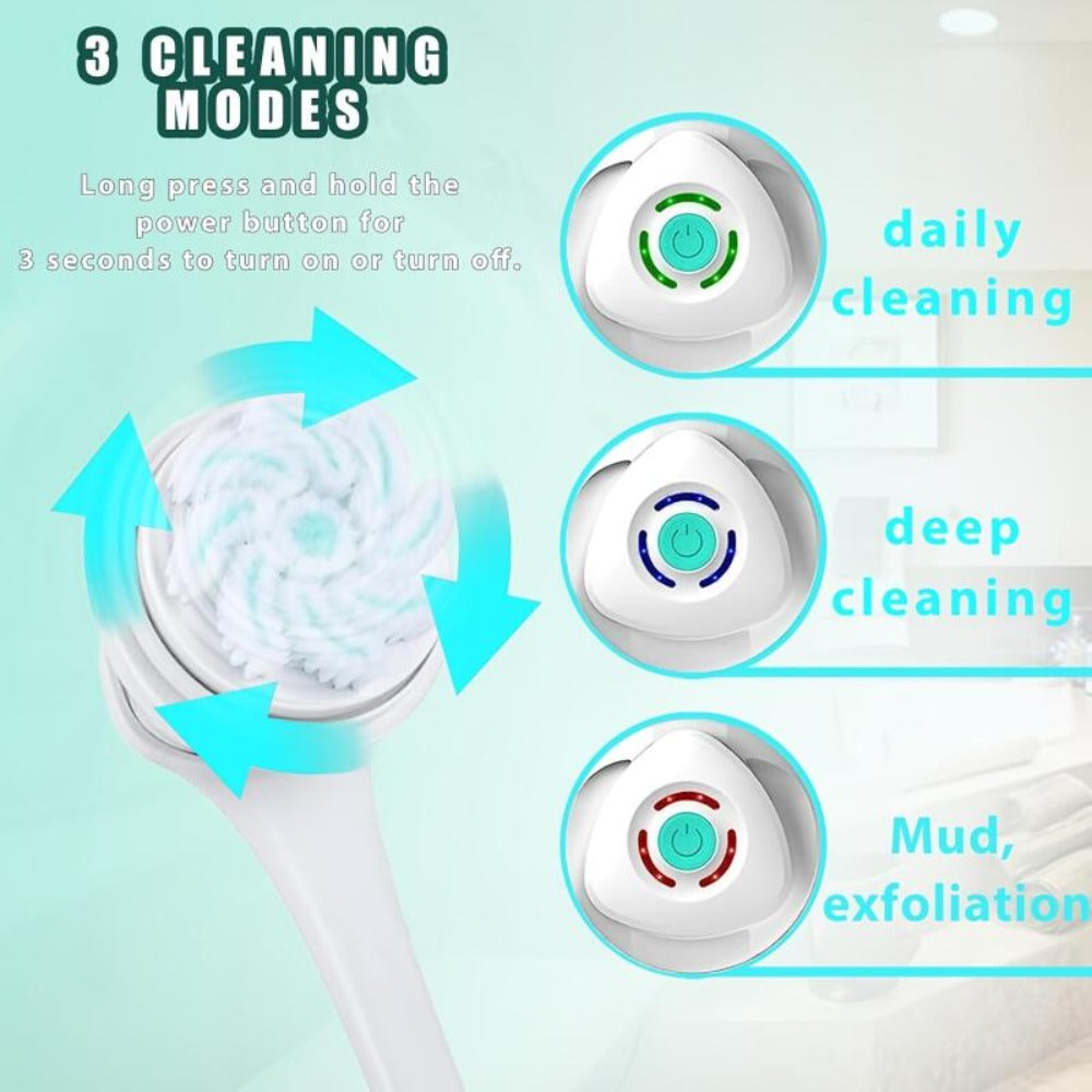 Electric Body Scrubber Brush 5-in-1 Rotating Shower Brush for Back Face Full Body Exfoliating Cleanser Soft Bristle Waterproof Ergonomic Handle Home Spa Bath Scrub Tool Green Purple White