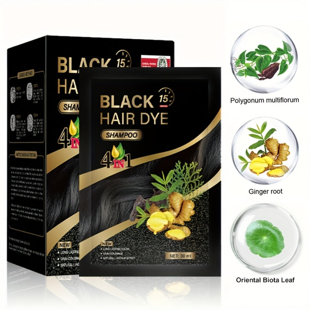Hair Dye Shampoo 3-in-1 Portable Sachets Box of 10 Packs - Natural Hair Color, Deep Cleansing, Grey Coverage, Travel-Friendly Individual Packaging for Men & Women, Black Dark Brown Chestnut Coffee