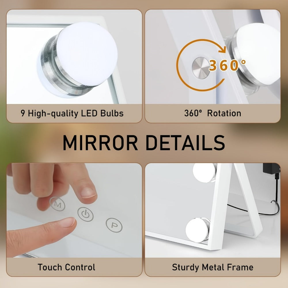 9-Light Magnetic Makeup Mirror with 5X Magnifying Lens - Smart Touch Control, 3 Lighting Modes (Daylight/Warm /Cool), 360° Rotating Vanity Mirror Suitable for Women' Birthday/Holiday Gift, Hollywood Lighting Mirror