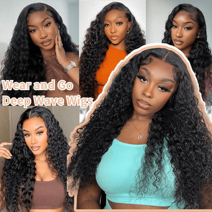 Deep Wave Wig Human Hair Glueless 250% Density Lace Front Wig Pre Plucked Pre Cut Lace Buckle Cap Loose Wave Human Hair Wigs for Black Women Natural Black 14 Inch