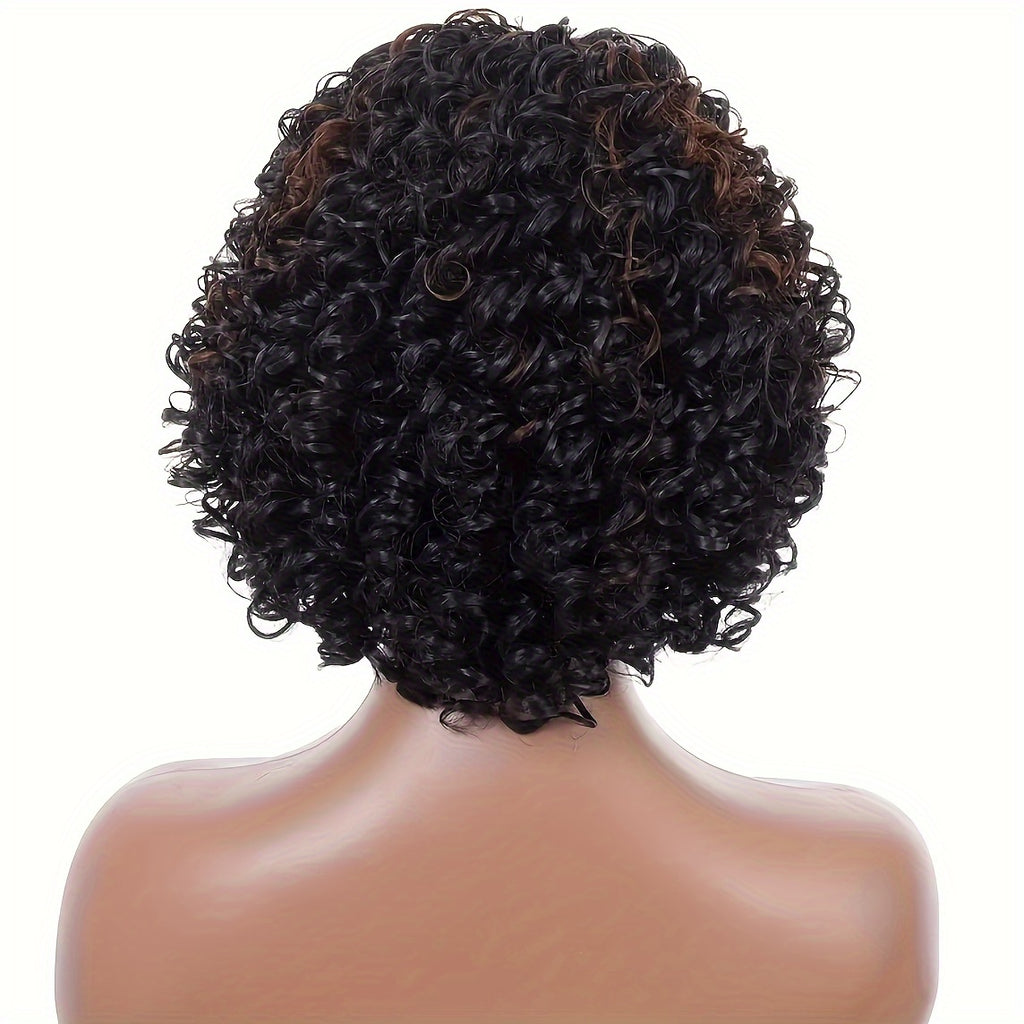 Short Curly Hair Wig - 12 Inch Brown Black Mix, Heat Resistant Synthetic Fiber, Women's Hair Replacement