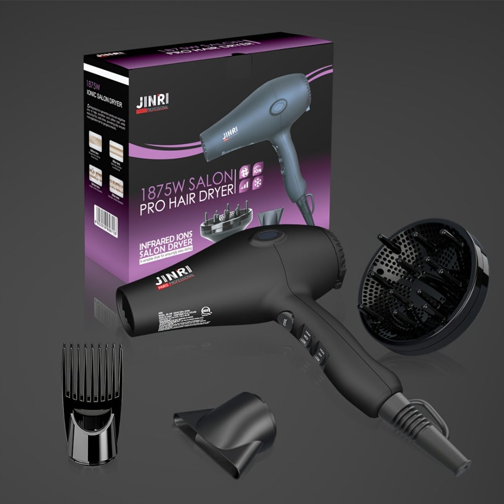 Professional Ionic Hair Dryer 1875W with Diffuser & Concentrator Attachments — Salon-Quality Blow Dryer for Curly Hair, Adjustable Cord, US Plug, Black