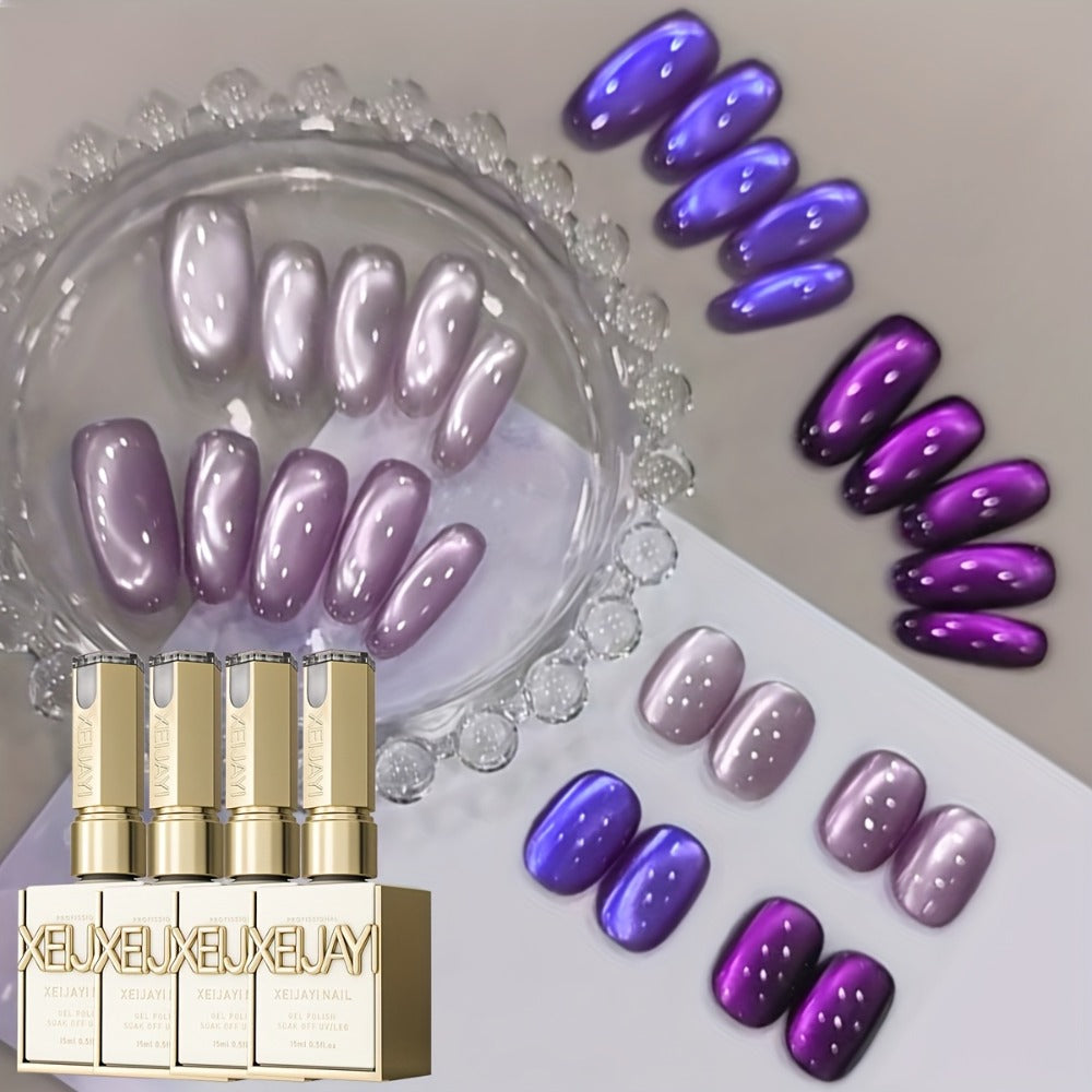 XEIJAYI Frame Bottle Nine Purple Fire + M130 - A New Set of Nail Art Featuring Super Bright Cat Eye Gel in Four Colors, Showcasing an Ultra-Glossy Glass Bead Effect with a Purple Iridescent End