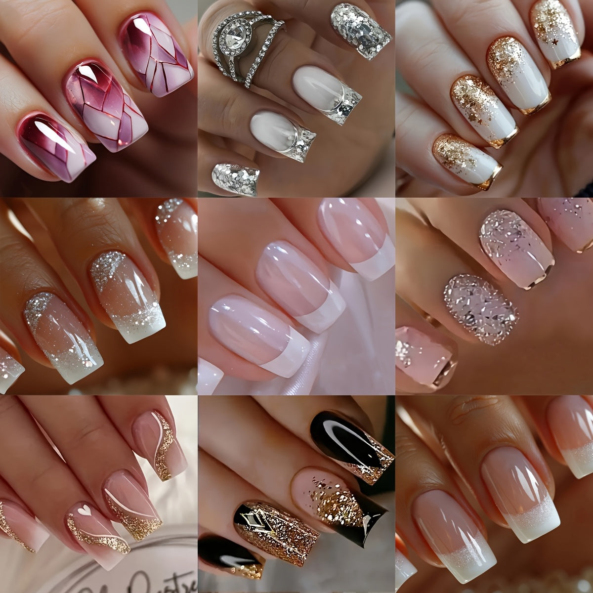 216pcs (9 Boxes) Short Square Summer White French Style Simple Gradient Glitter Heart Soft Gel Press-On Nails Full Cover Fake Nail Set for Women & S