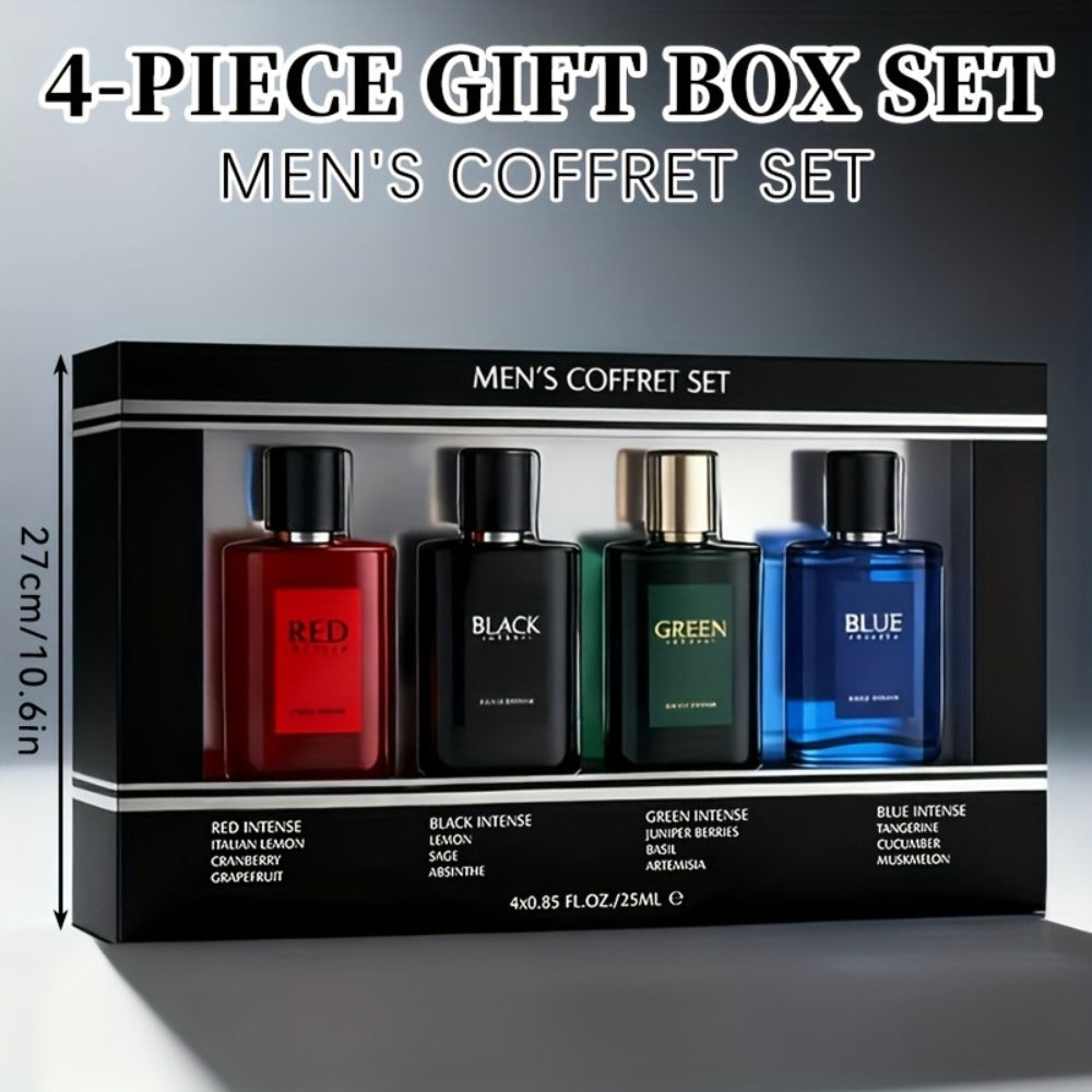 EDT Cologne Gift Set for Men 4 Piece Variety | 4 Different Scents Long Lasting Fragrance Mini Bottles 0.85oz Each | Holiday Birthday Dating Party Gift Box