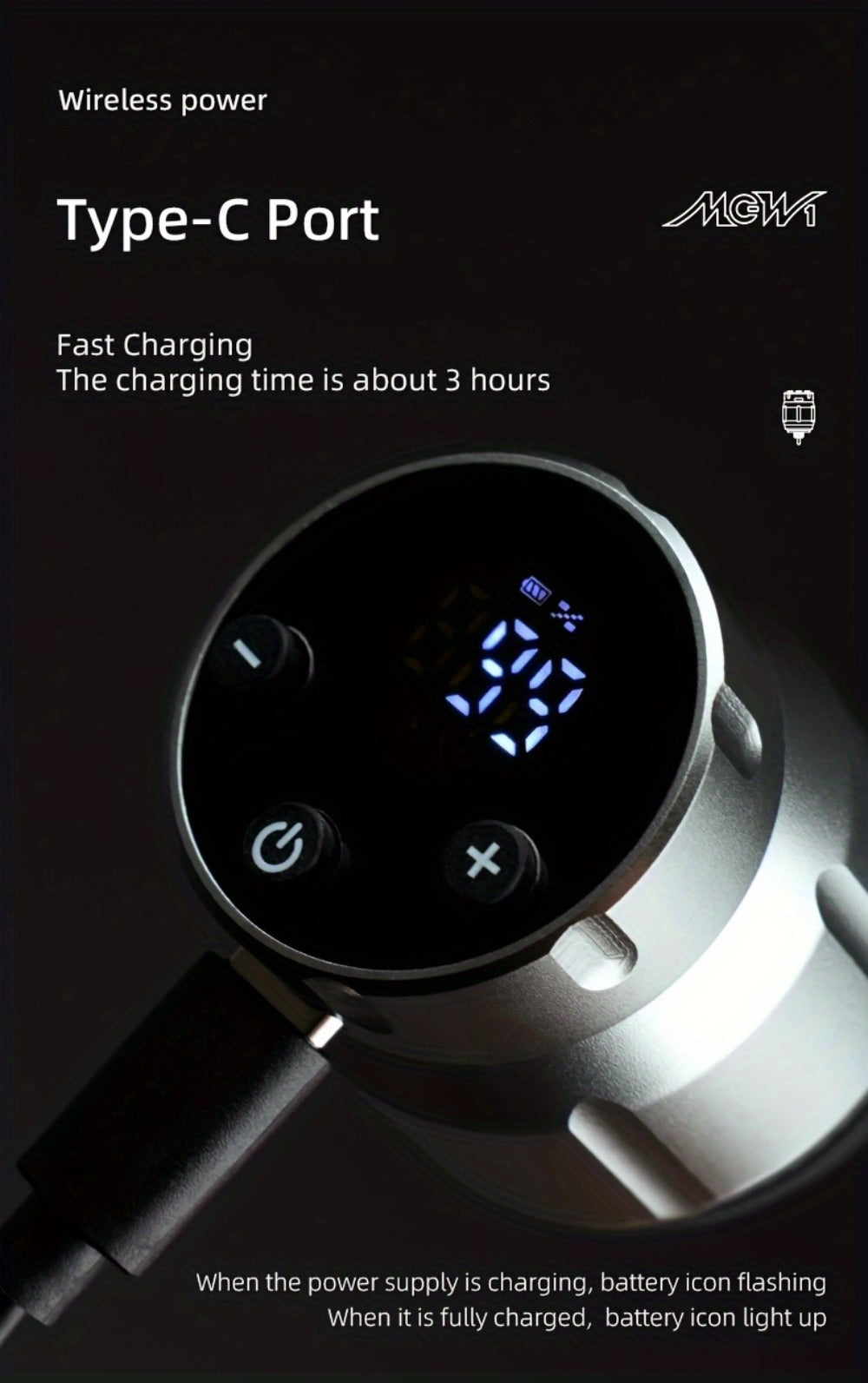 Wireless Power Supply for Tattoos, Featuring a Portable Rechargeable Motor Without Cords, Equipped with an LED Digital Display And RCA Connector, Designed for Rotary Tattoo Machines And Makeup Tools
