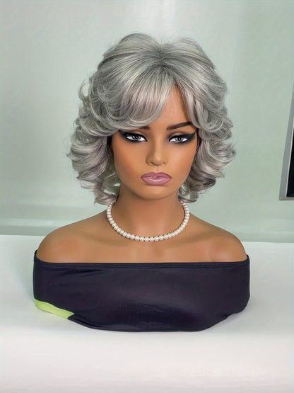Gray Curly Wig with Bangs for Women — 12 Inch Short Synthetic Silver Grey Hair, Rose Net Cap, Heat Resistant Fiber, Cosplay Halloween Party & Daily Wear, All Occasions