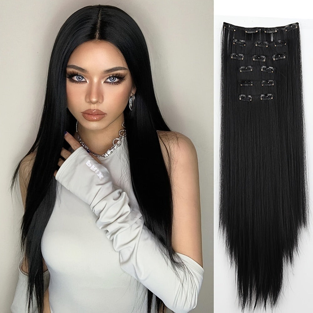 Clip In Hair Extensions Synthetic 6pcs 24 Inch Heat Resistant Black Gray for Women Halloween Costume Party Daily Wear Volume Boosting