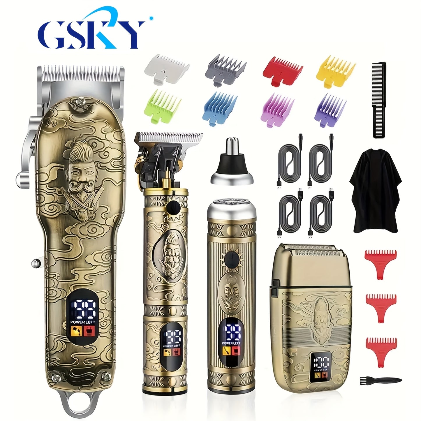 Professional Hair Clippers & Trimmer Set for Men — T-Blade Trimmer, Nose Hair Trimmer, Electric Razor, LCD Display, USB Rechargeable, Zinc Alloy Body, Ergonomic Grooming Kit