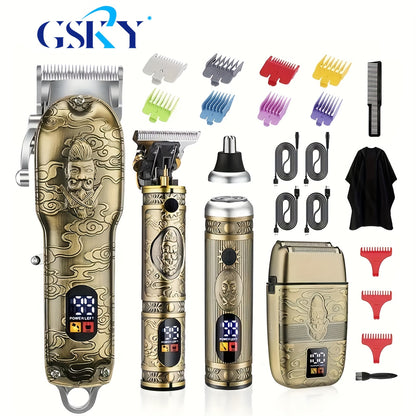 Professional Hair Clippers & Trimmer Set for Men — T-Blade Trimmer, Nose Hair Trimmer, Electric Razor, LCD Display, USB Rechargeable, Zinc Alloy Body, Ergonomic Grooming Kit