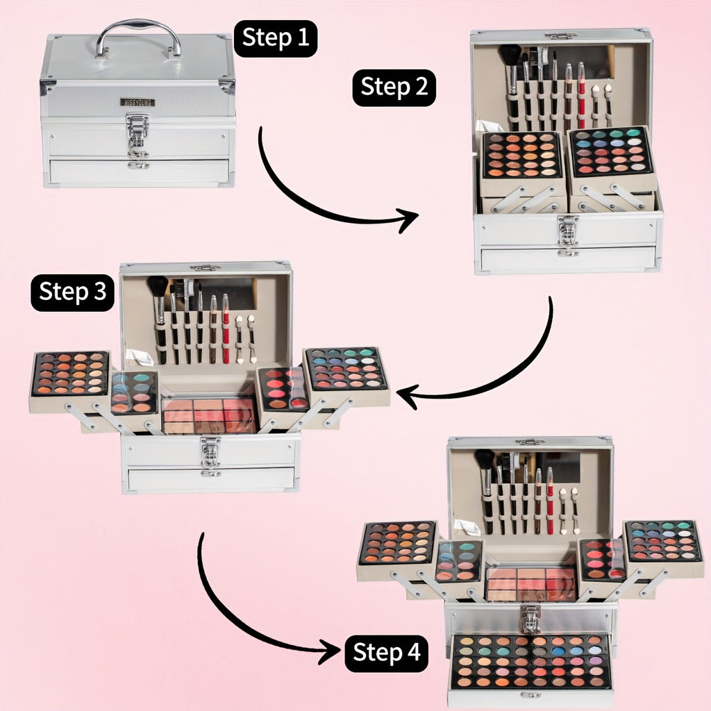 Silvery Multi-functional Makeup Kit, Premium Gift Box With Makeup Tools, Mirror, Lipstick, Eyeshadow, Blush, Portable & Long-Lasting In Multiple Shades, Suitable For Beginners, Teenagers, Perfect Gift For Valentine'S Day/Carnival/Back To School