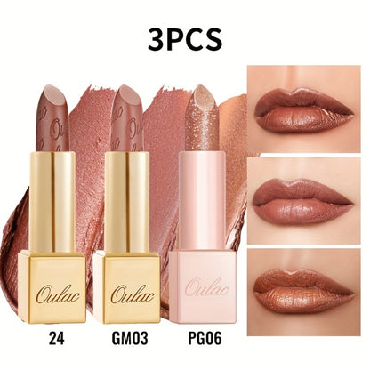Metallic Lipstick Set 3 Pcs – 24-Hour Smudge-Proof & Transfer-Resistant Lip Color by Oulac, Lightweight Full-Coverage Lips Makeup, Long-Lasting Glossy Finish, 12.9G/0.45oz