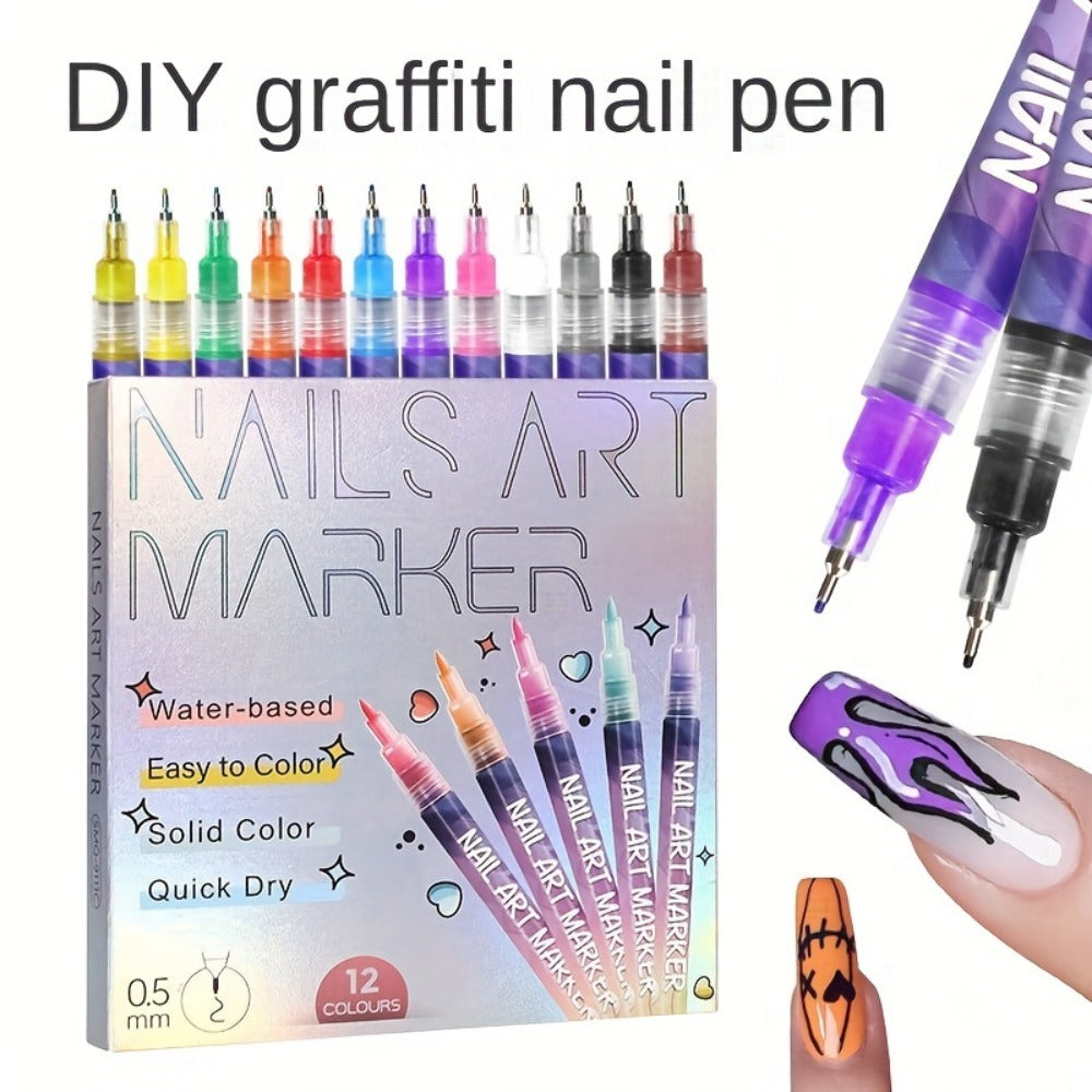 1set Nail Doodle Pen 12-color Nail Art Pens, Nail Art DIY Dot Stitching Pen, 3D Doodle Nail Art Pen, Nail Art Pen Set, Quick Drying, Suitable for Home And Salon DIY, Valentine's Day Nail Supplies Gift Graduation Gifts, Back to School.