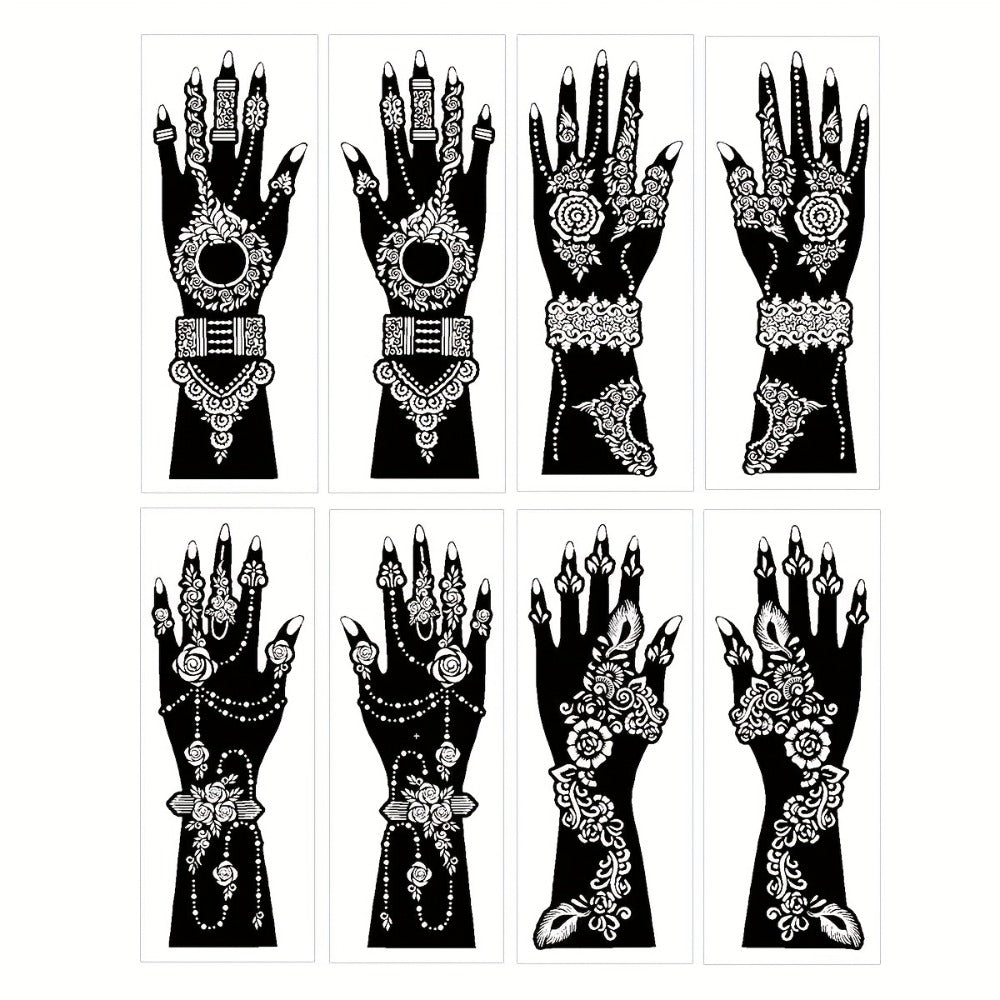 Tattoo Stencils 8-Piece Set Vintage Ramadan Henna-Style Designs | Reusable Body Art Stencils for Brides Bridal Party | Valentine's Day New Year Celebration Skin Decoration Stickers