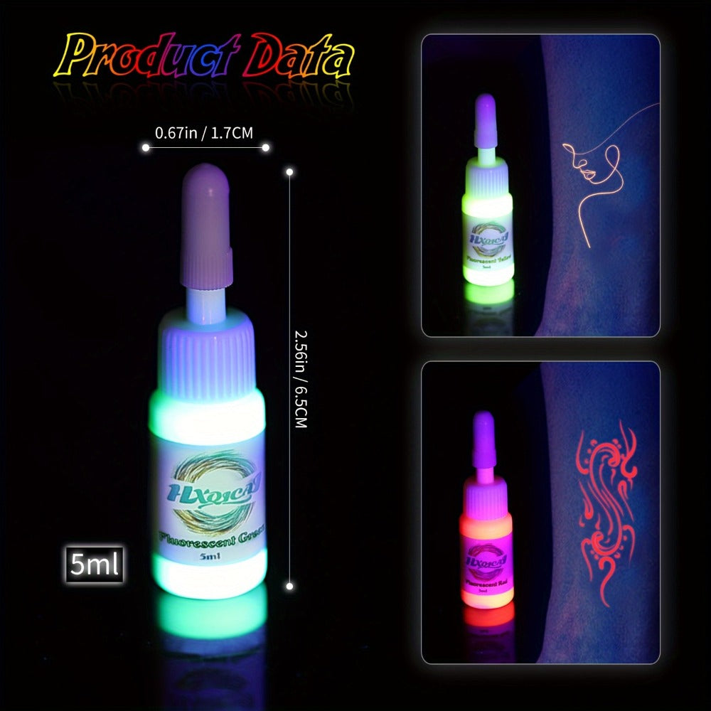 UV Fluorescent Tattoo Ink Kit 8 Colors Glow Under Blacklight - Safe Non-Toxic 5ml Bottles Professional Body Art Ink Set Vibrant Neon Colors