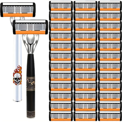 Beard Razor for Men 6-Layer Stainless Steel Blades Metal Handle 36 Replaceable Blades Mustache Grooming Shaver Smooth Close Shave Traditional Razor Kit Essential Men's Grooming Gift