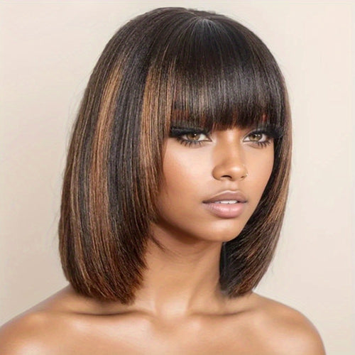 Bob Wig Human Hair Brazilian Straight Short Bob Lace Front Wig 3x1 Lace Part with Bangs Pre-Plucked Natural Hairline Color 1B/30 Highlight 10-12 Inch Women