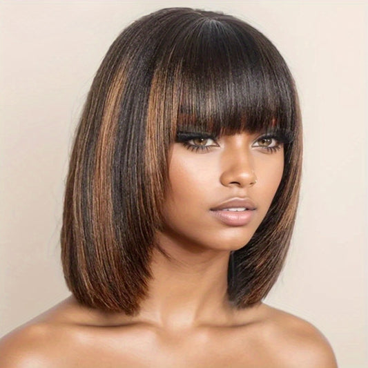 Easy-To-Wear Brazilian Human Hair Wig with a Short Blonde Bob Style, Featuring a 3X1 Lace Design And Bangs, in a Straight Cut with Color 1B/30