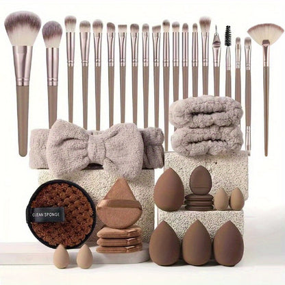 Makeup Brush Set 56Pcs Professional Complete Kit Soft Polyester Bristles Wood Handle Foundation Blush Contour Eye Shadow Powder Brushes for Beginners & Pros Beige Pink Brown