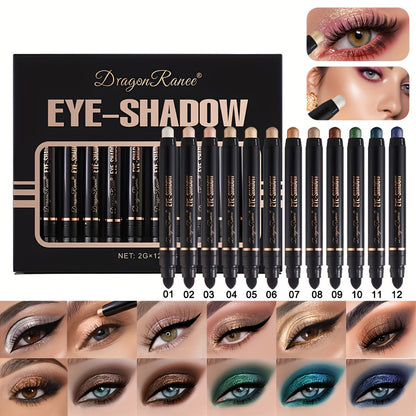 Eyeshadow Stick Set 12 Pcs — Double-Ended Shimmer Eye Shadow Pencil with Brush, Waterproof Long-Lasting Glitter Eye Makeup Kit, Squalane-Infused, Perfect Mother's Day & Stage Makeup Gift