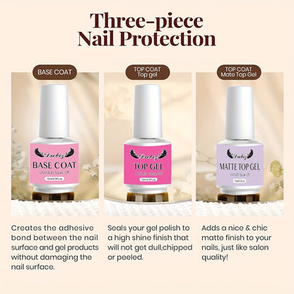 Gel Polish Base Coat Top Coat Set 3pcs No-Wipe Glossy Matte Top Coat Base Gel Long-Lasting Soak Off LED Nail Lamp Nail Art Kit 0.51oz Each