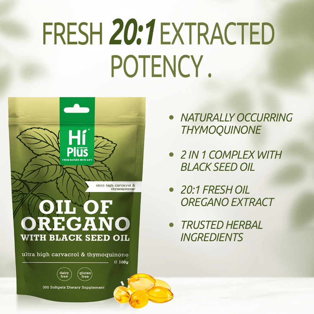 Hi Plus Oil Of Oregano Softgels 300 Count | 2-in-1 Formula With Black Seed Oil 200mg, 4X Strength Carvacrol & Thymoquinone | Plant-Based, Immune Support