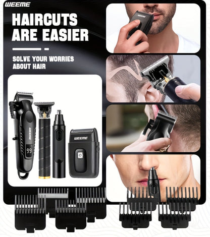 Men's Grooming Kit - USB Rechargeable Hair Clipper, Nose Trimmer, Electric Shaver & Detail Trimmer Set, Zinc Alloy Body, 3500mAh Battery, White Black Gold