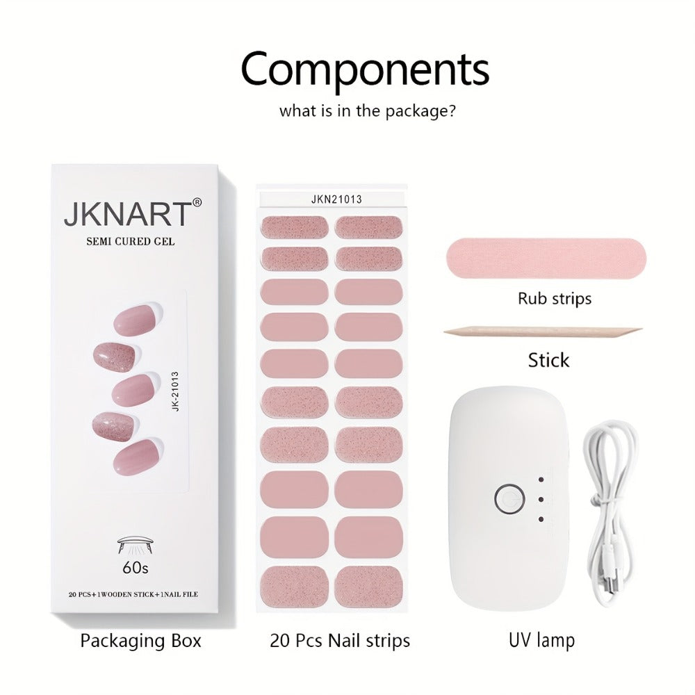 Nail Art Kit, Includes 20 Semi-d Nail Stickers, High-power Portable Lamp, Gel Stickers, Full-coverage Semi-baked Nail Stickers, Second-generation Semi-d Soft Gel Nail Patches That Require Under a Lamp, Nude Gel Nail Stickers, Suitable for Party Gifts