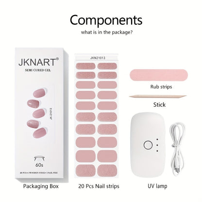 Gel Nail Art Kit Semi-Cured Nail Stickers 20 Designs with Portable UV Lamp Full Coverage Soft Gel Nail Patches Nude Nail Wraps for Women Party Gift