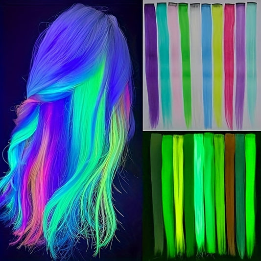 10 Light Up Hair Clips Wigs Colorful Synthetic Rainbow Glow-in-the-Dark Hair Decoration for Women, Kids and Girls (16inch)