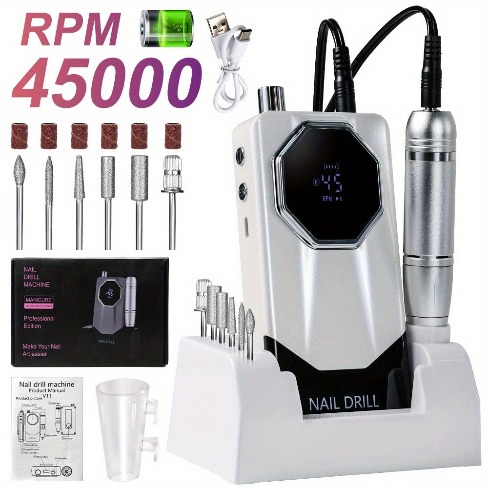 45000RPM Electric Nail File Kit | Portable Nail Drill for Acrylic Nails Gel Polishing Removing, Professional Rechargeable Electric Nail E File Kit for Manicure Salon Home, USB Powered, LCD Display, Brushed Motor, Plastic Material