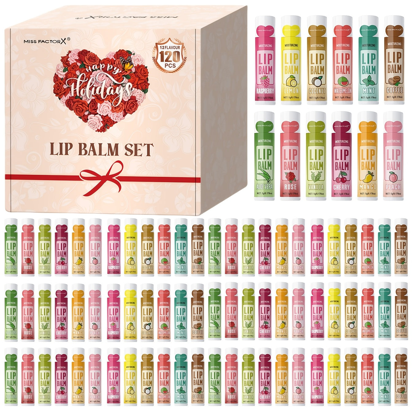 120pcs MISS FACTORX Lip Balm Gift Set - 12 Unique Flavors, Long-Lasting Moisturization & Natural Shine, Jojoba Oil Included, Suitable for All Skin Types, Ideal Choice for Mother's Day and Party Gifts