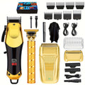 Golden Hair Cutting 1/3pcs Set, Men'S Grooming Kit. USB Rechargeable, LCD Display. Includes 1 Black And Golden Professional Hair Clipper + 1 Golden Men'S Razor + 1 Golden T-Blade Trimmer + 8 Guide Combs + 3 Cleaning Brushes + 1 Comb
